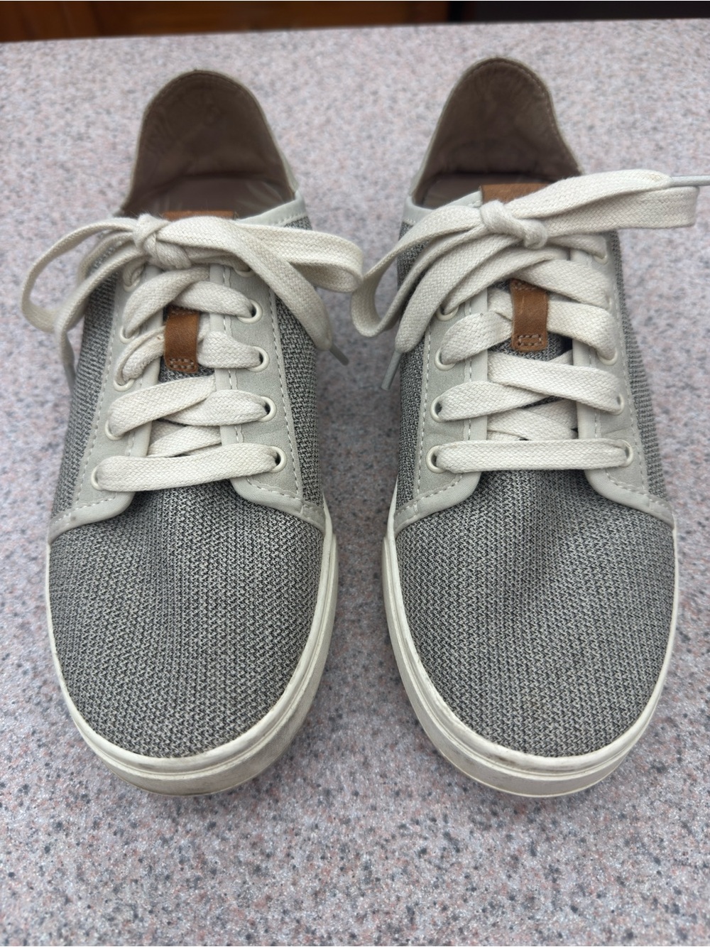 OluKai Women’s Knit Lace-Up Flats in Gray, Cream and Tan Accent